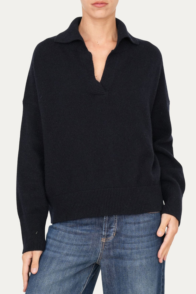 Maglia POLO a costine misto cashmere - Navy