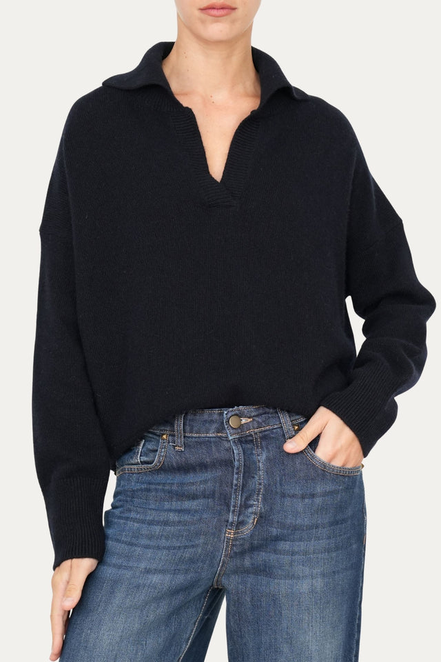 Maglia POLO a costine misto cashmere - Navy