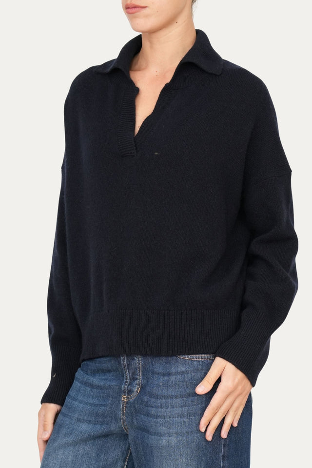 Maglia POLO a costine misto cashmere - Navy