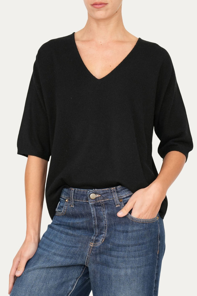 Maglia a scatola manica 3/4 misto cashmere - Nero