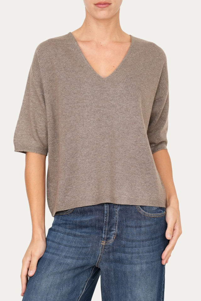 Maglia a scatola manica 3/4 misto cashmere - Noce
