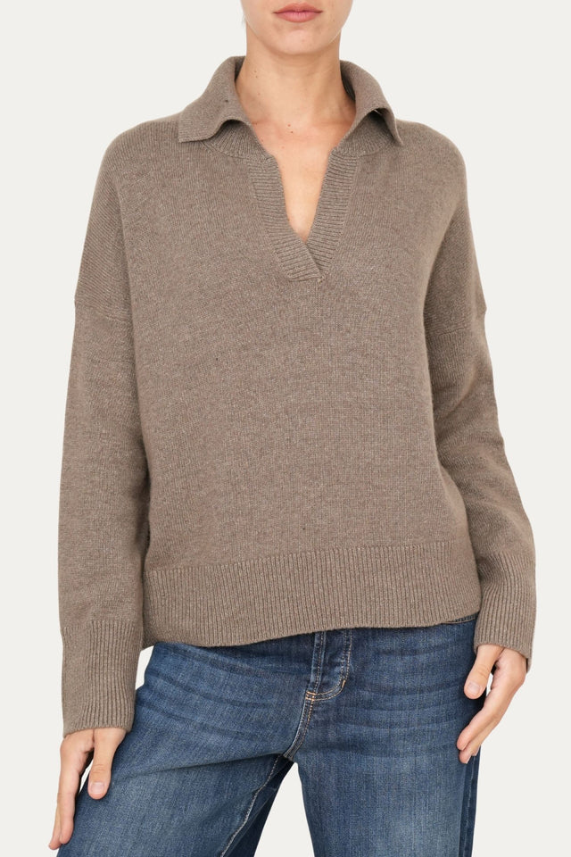 Maglia POLO a costine misto cashmere - Noce