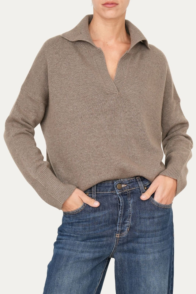 Maglia POLO a costine misto cashmere - Noce