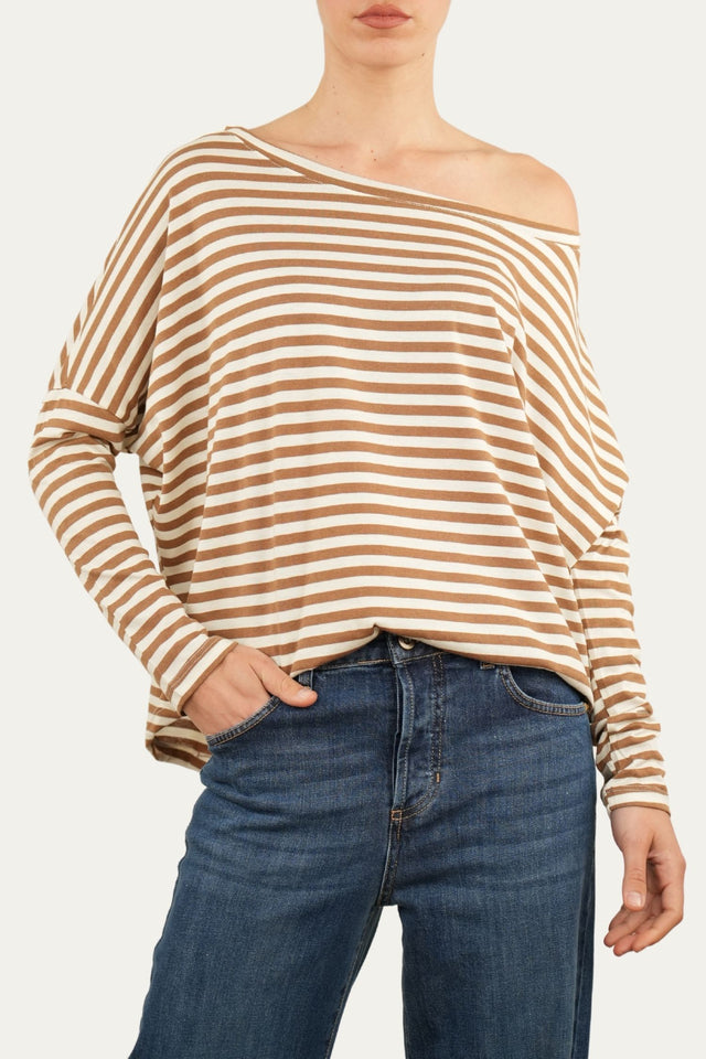 Maglia scollo a barca in cotone a righe Florida - Tabacco