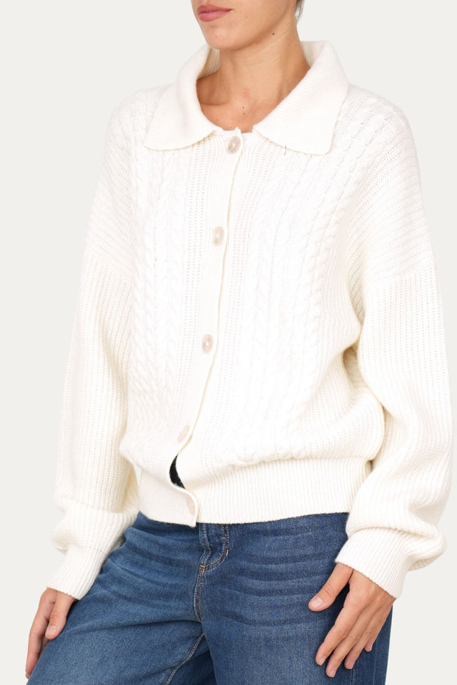 Maglia POLO con bottoni ricamata misto cashmere - Panna