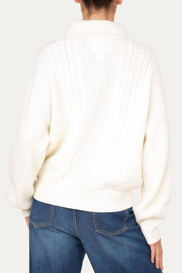 Maglia POLO con bottoni ricamata misto cashmere - Panna
