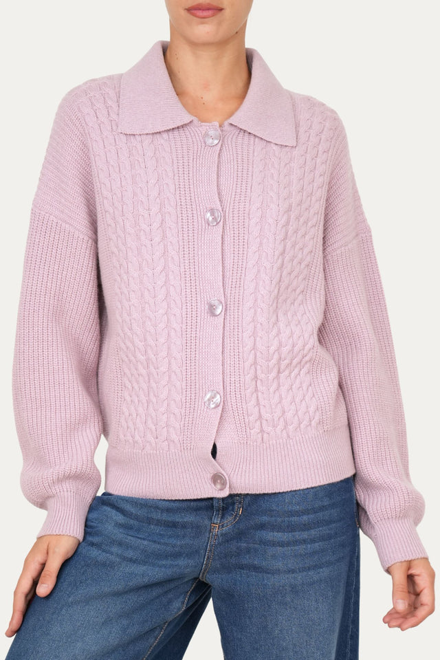 Maglia POLO con bottoni ricamata misto cashmere - Malva