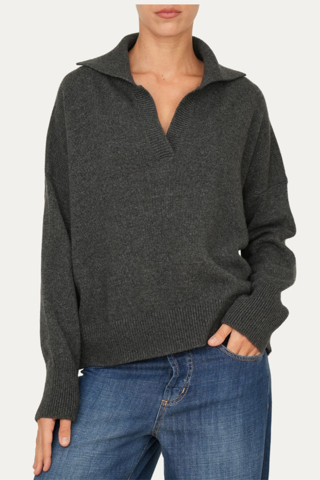 Maglia POLO a costine misto cashmere - Antracite