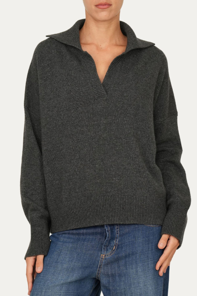 Maglia POLO a costine misto cashmere - Antracite