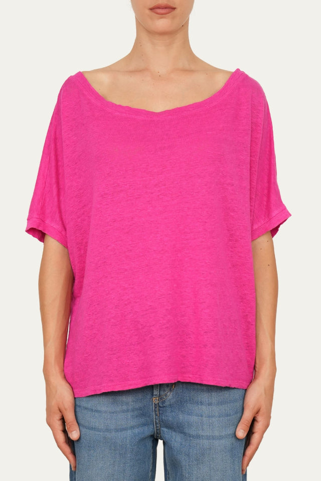 Maglia scollo a barca spalla a scesa in Lino  - Fucsia