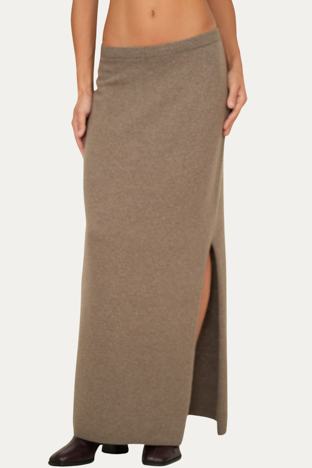 Gonna lunga con spacco misto cashmere - Noce