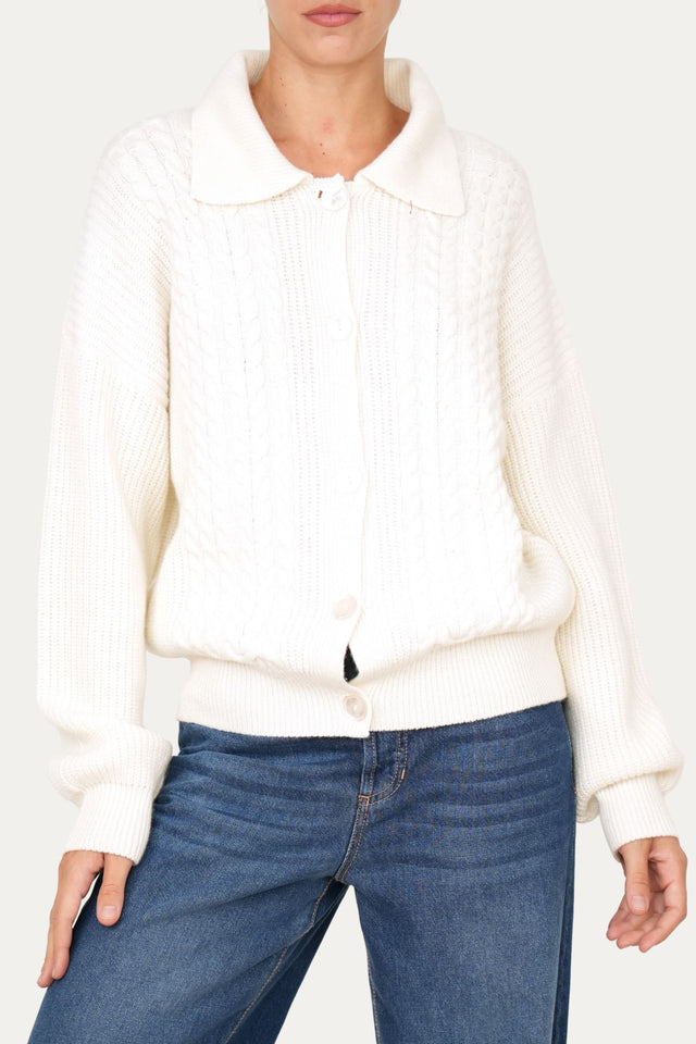 Maglia POLO con bottoni ricamata misto cashmere - Panna