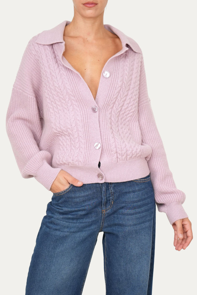 Maglia POLO con bottoni ricamata misto cashmere - Malva
