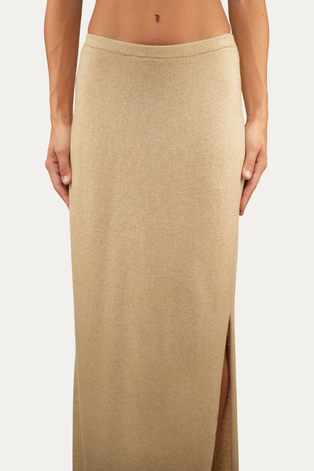 Gonna lunga con spacco misto cashmere - Grano