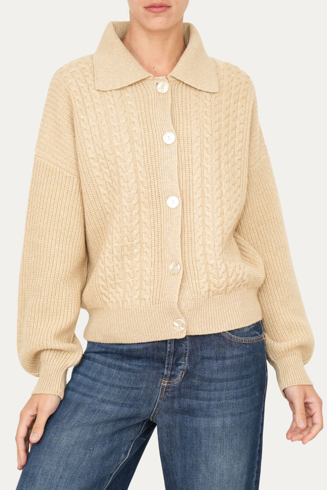Maglia POLO con bottoni ricamata misto cashmere - Grano