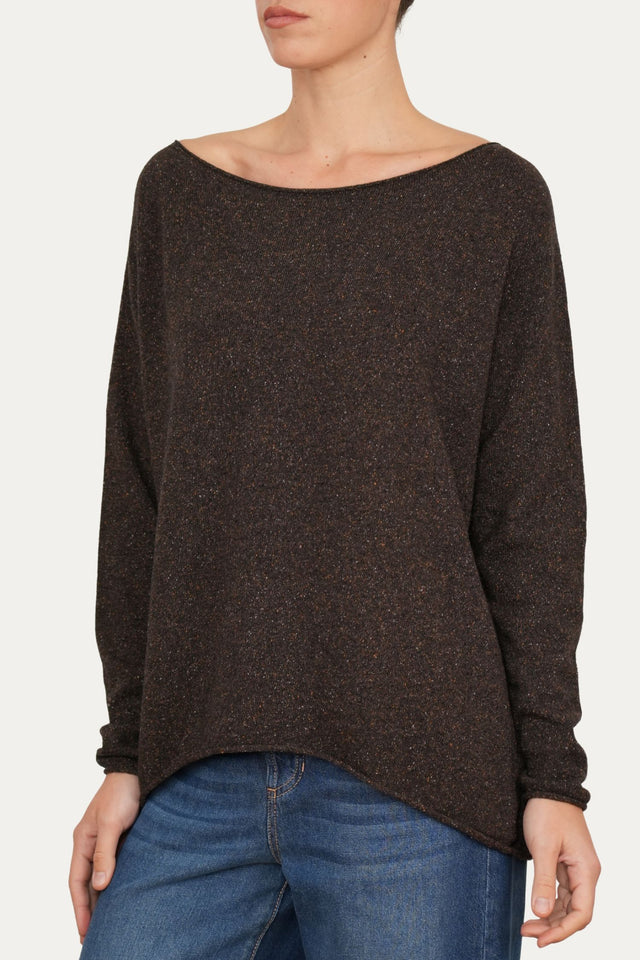 Maglia barchetta in lana misto seta melange - Moro