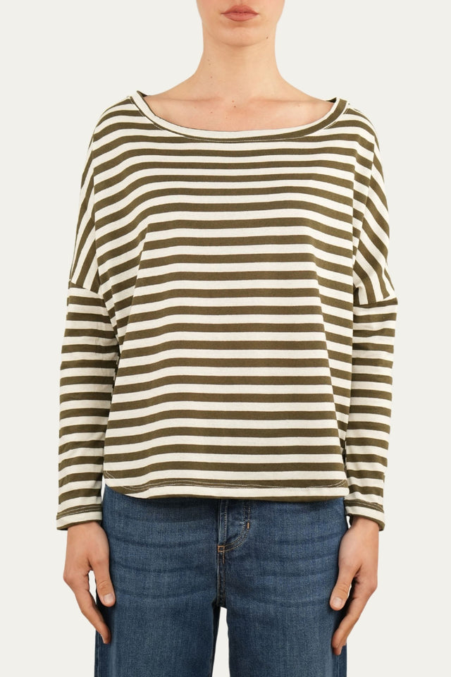 Maglia scollo a barca in cotone a righe Florida - Militare