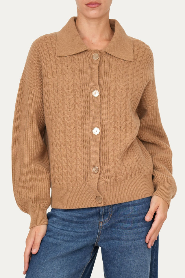 Maglia POLO con bottoni ricamata misto cashmere - Biscotto