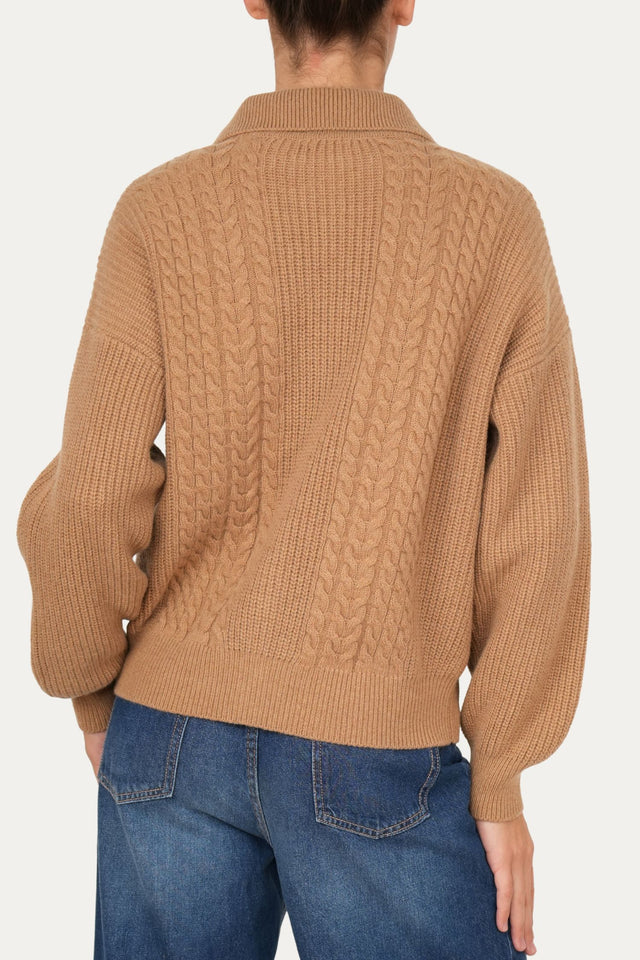 Maglia POLO con bottoni ricamata misto cashmere - Biscotto