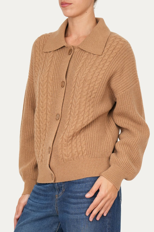Maglia POLO con bottoni ricamata misto cashmere - Biscotto