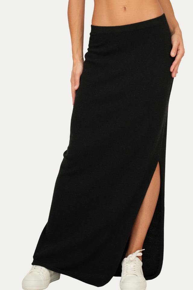 Gonna lunga con spacco misto cashmere - Nero