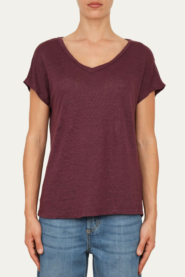 Maglia scollo a V in Lino - Vino