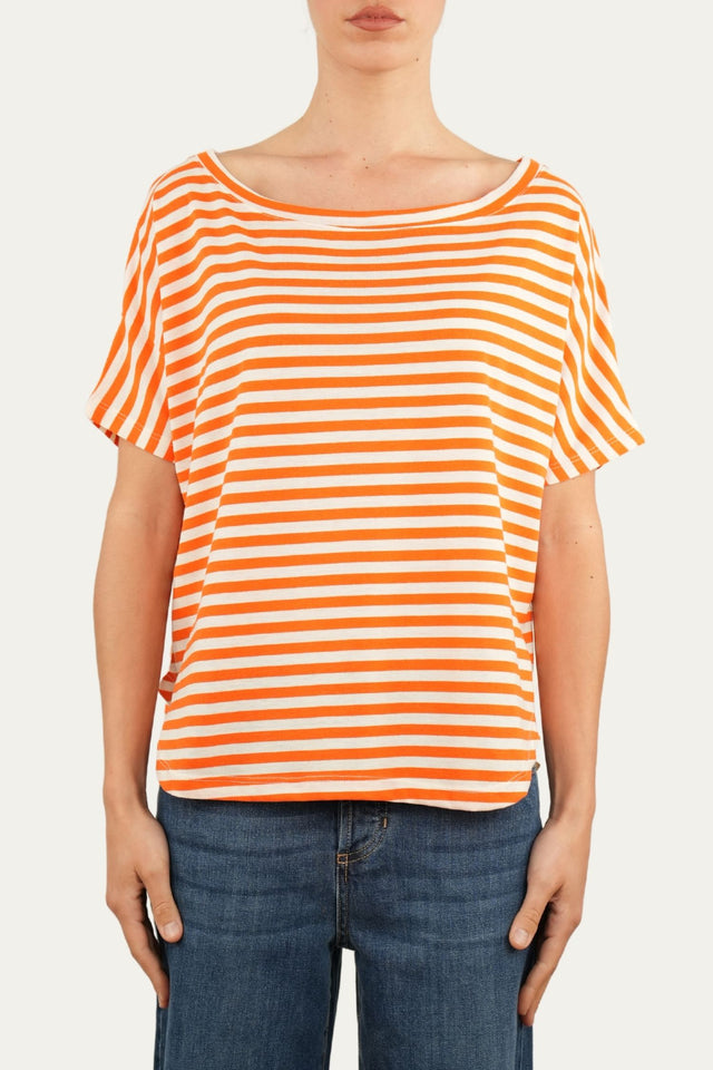 Maglia scollo a barca in cotone maniche corte a righe Florida - Arancio