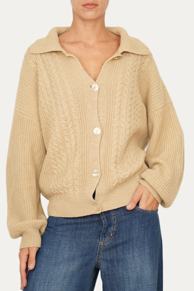 Maglia POLO con bottoni ricamata misto cashmere - Grano