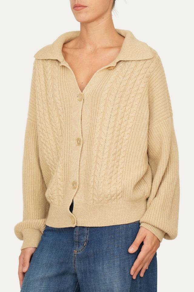 Maglia POLO con bottoni ricamata misto cashmere - Grano