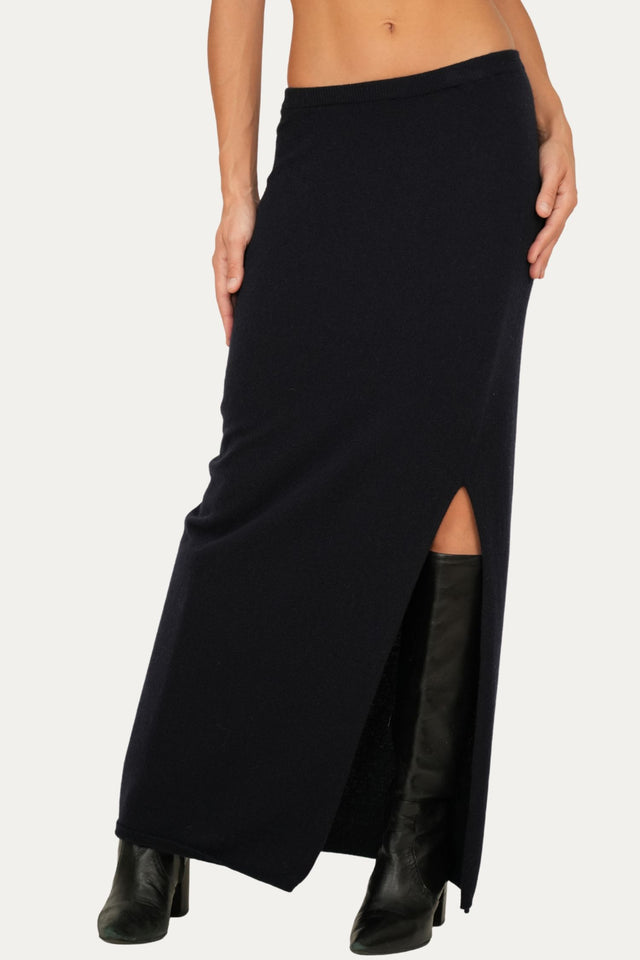 Gonna lunga con spacco misto cashmere - Navy