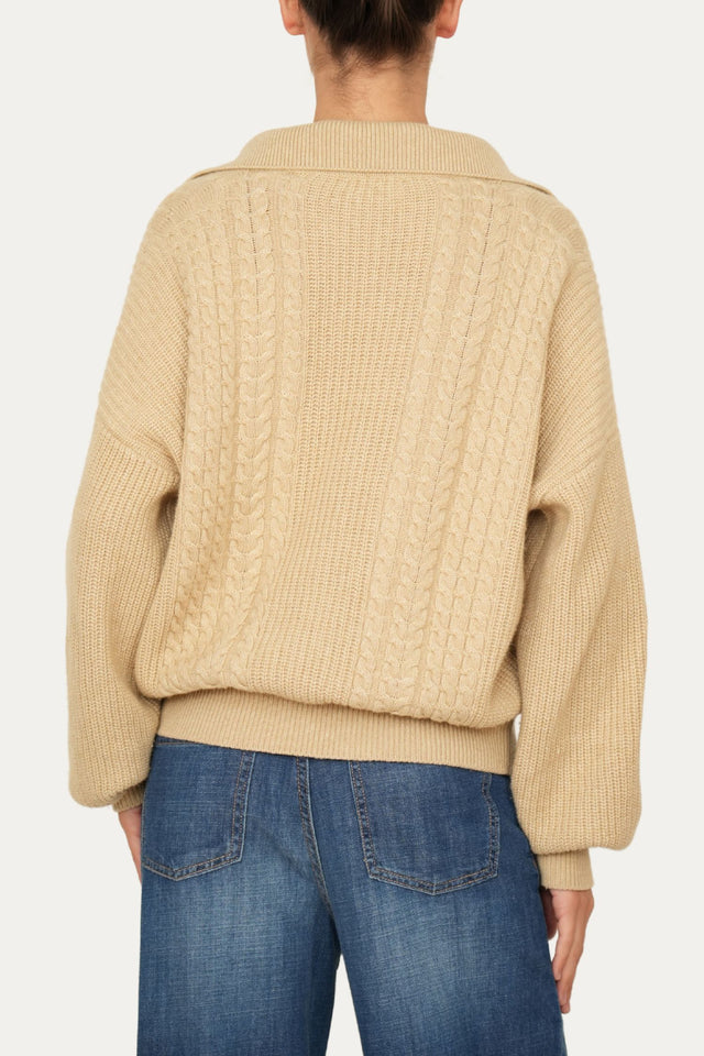 Maglia POLO con bottoni ricamata misto cashmere - Grano