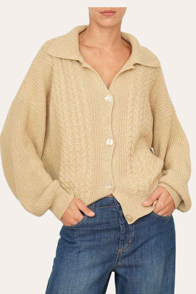 Maglia POLO con bottoni ricamata misto cashmere - Grano