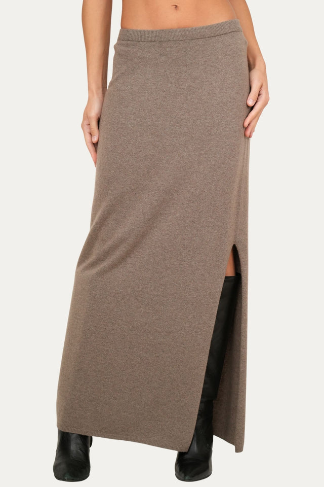 Gonna lunga con spacco misto cashmere - Noce