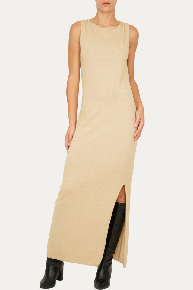 Abito lungo con spacco misto cashmere - Grano