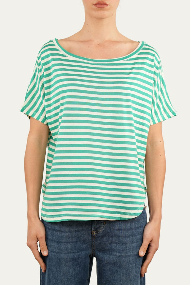 Maglia scollo a barca in cotone maniche corte a righe Florida - Smeraldo