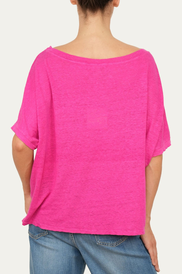 Maglia scollo a barca spalla a scesa in Lino  - Fucsia