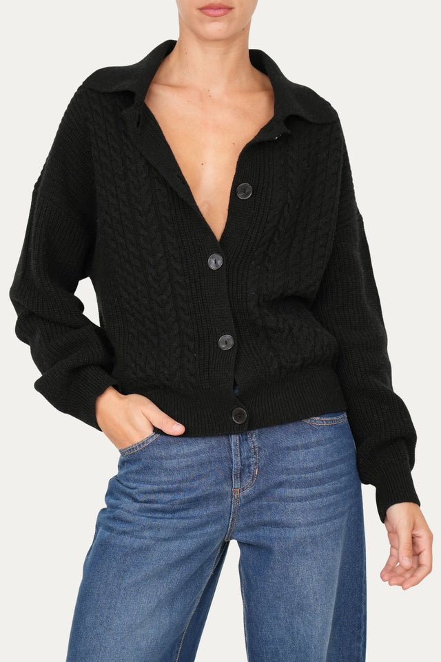 Maglia POLO con bottoni ricamata misto cashmere - Nero