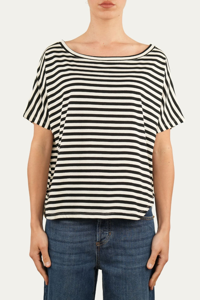 Maglia scollo a barca in cotone maniche corte a righe Florida - Nero