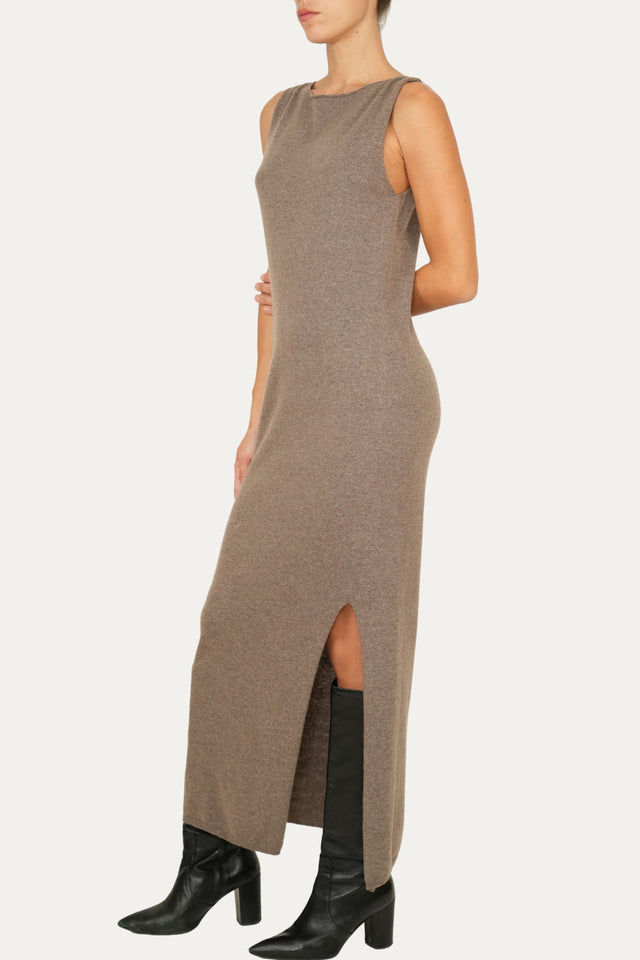 Abito lungo con spacco misto cashmere - Noce