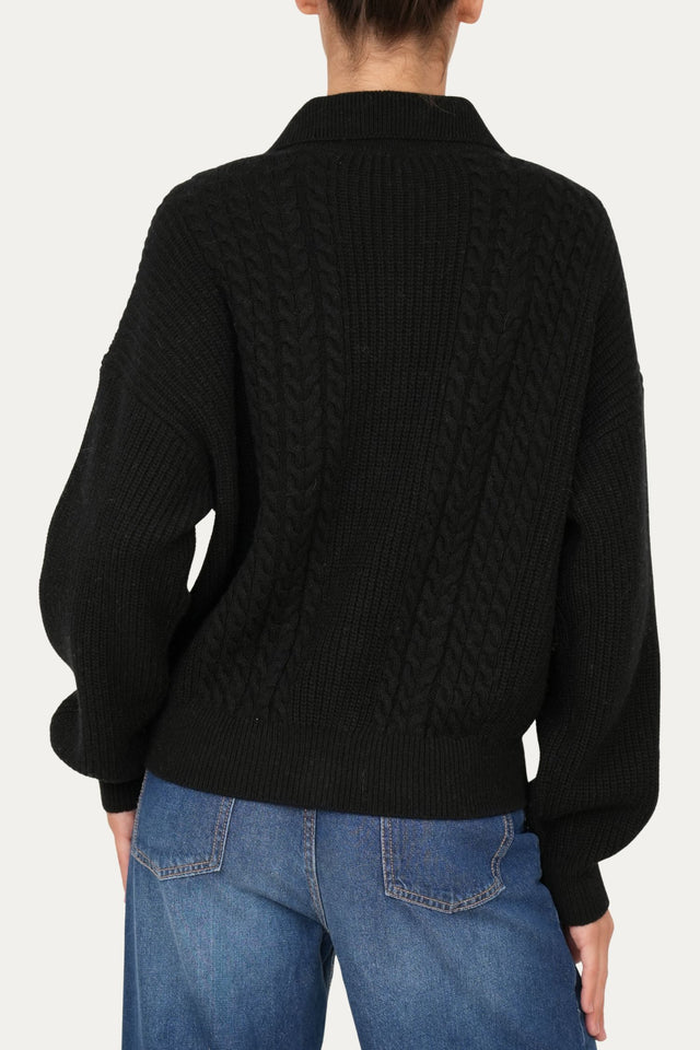 Maglia POLO con bottoni ricamata misto cashmere - Nero