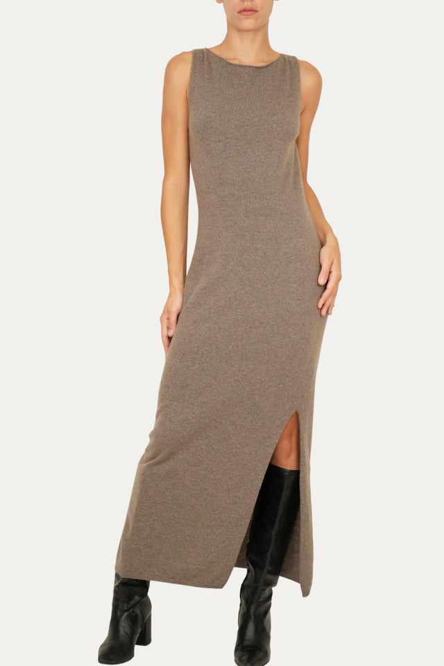 Abito lungo con spacco misto cashmere - Noce