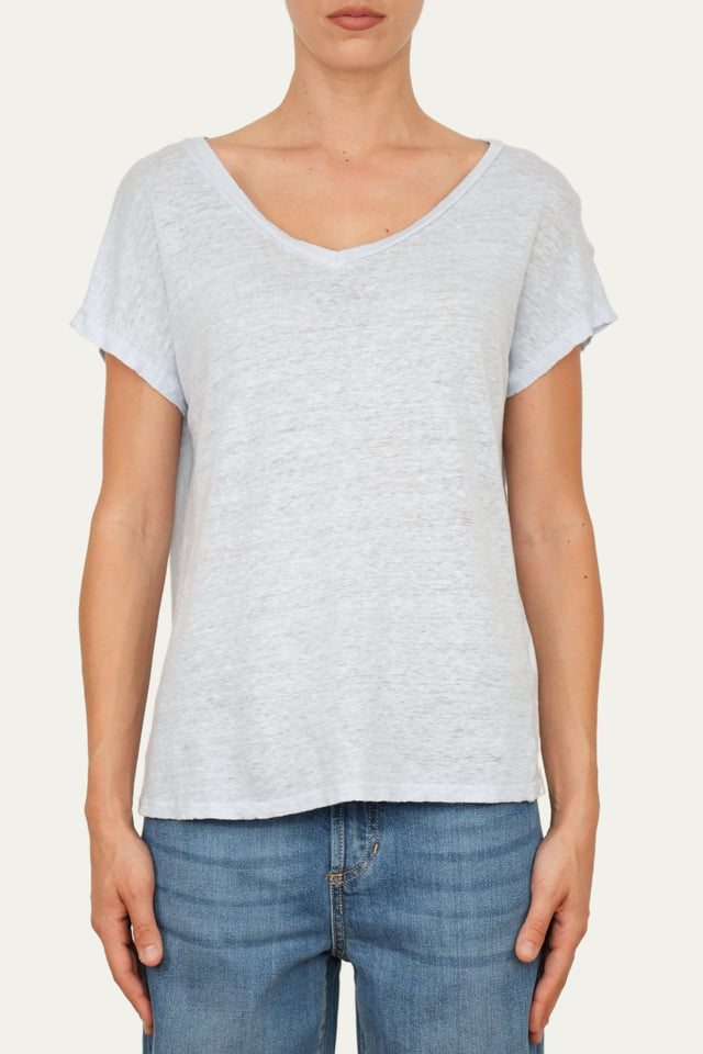 Maglia scollo a V in Lino - Cielo