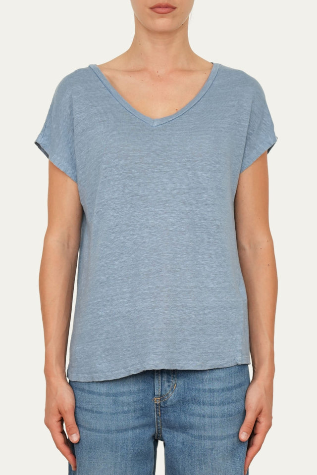 Maglia scollo a V in Lino - Blu Jeans