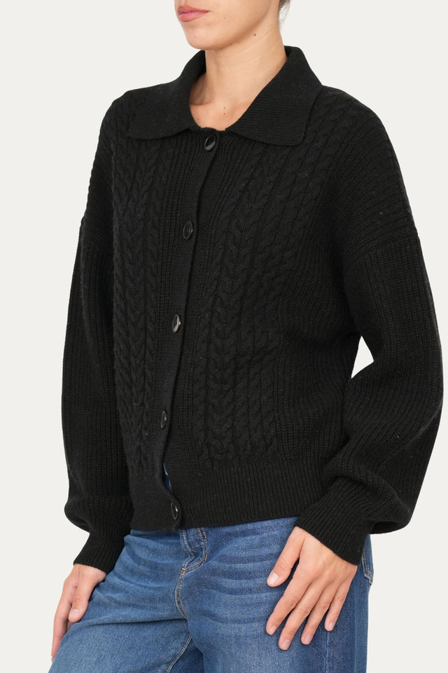 Maglia POLO con bottoni ricamata misto cashmere - Nero