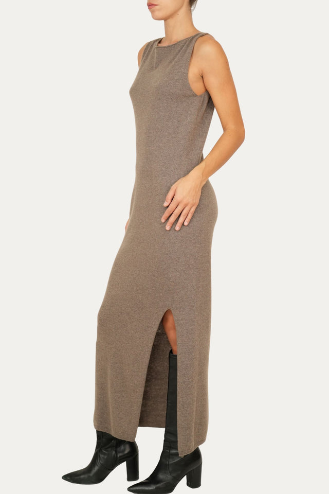Abito lungo con spacco misto cashmere - Noce
