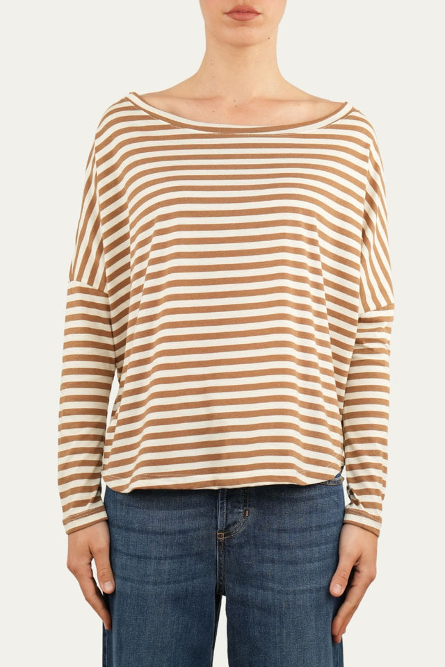 Maglia scollo a barca in cotone a righe Florida - Tabacco