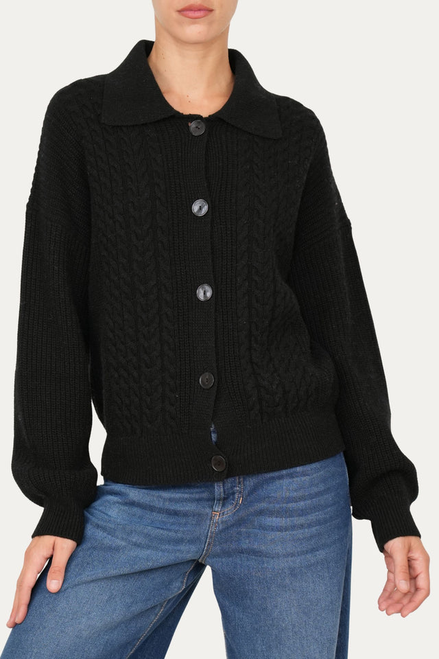 Maglia POLO con bottoni ricamata misto cashmere - Nero