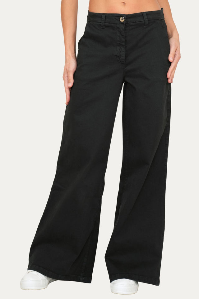 Pantalone palazzo largo GRACE in cotone gabardina - Nero