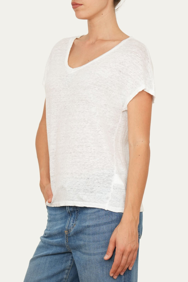 Maglia scollo a V in Lino - Bianco