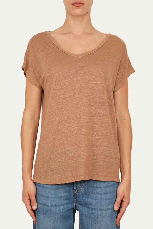 Maglia scollo a V in Lino - Tabacco